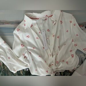NWT Jane & Delancey White Button Down Shirt Blouse with Red Hearts Fun Print❤️
